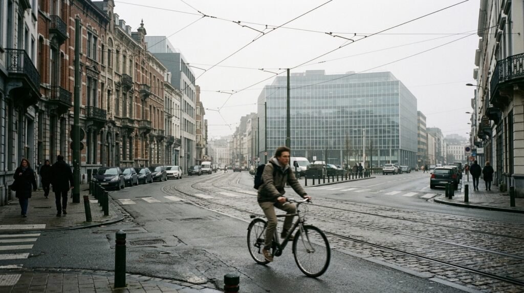 A cyclist on a grey Brussels street with glass office buildings behind, illustrating the EU AI Act delay to high-risk rules
