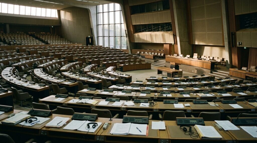 An empty international assembly hall with papers and headsets left on the desks, illustrating the call for global AI red lines at the UN