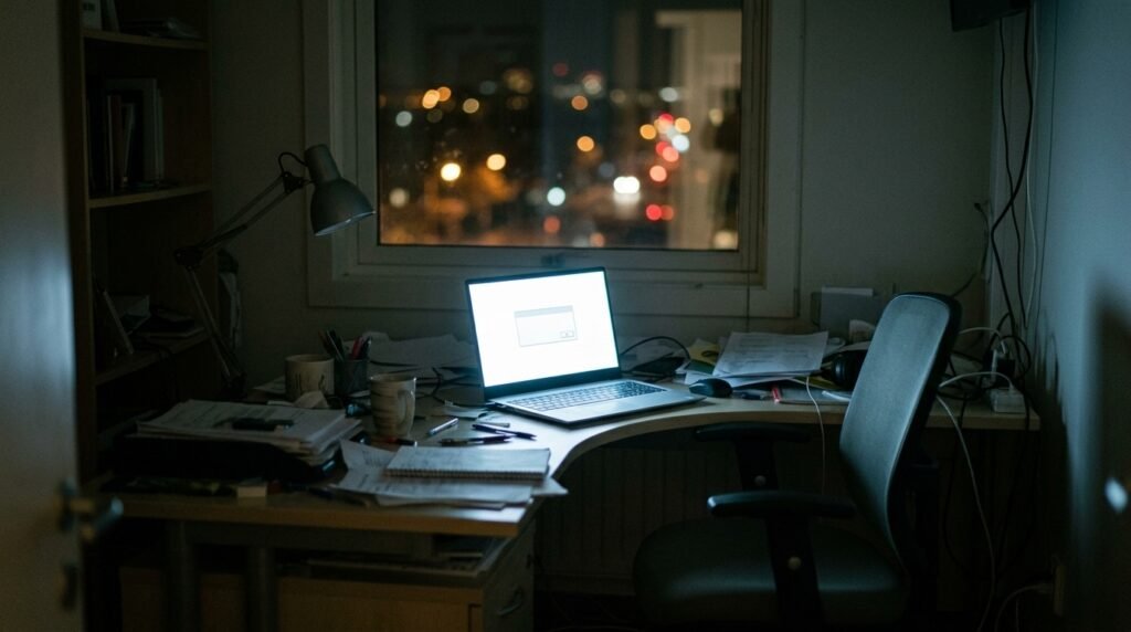 A laptop glowing in a dark office at night with city lights outside, illustrating AI export controls switching off a service overnight