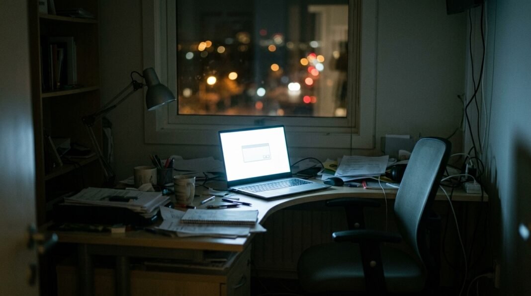 Switched Off by Washington: The 19 Days the World’s Smartest AI Went Dark A laptop glowing in a dark office at night with city lights outside, illustrating AI export controls switching off a service overnight