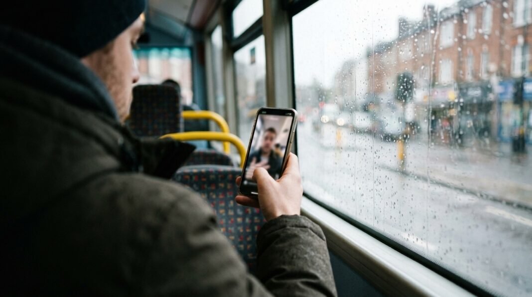 Seeing Is No Longer Believing: Sora 2 Puts a Deepfake Studio in Your Pocket A passenger on a rainy bus watching a video of a person on a smartphone, illustrating Sora 2 and the rise of realistic AI deepfake video