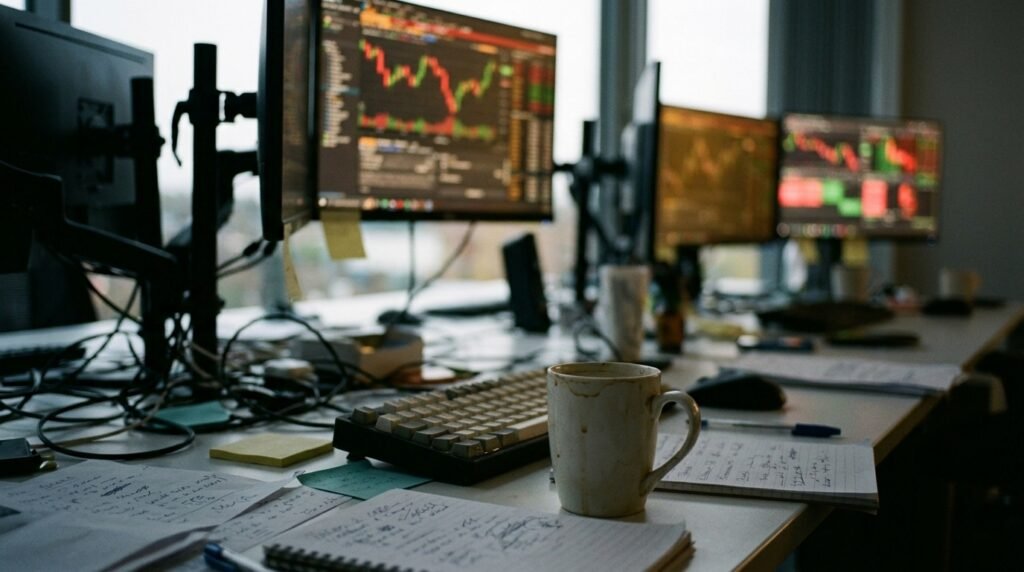 A trader's desk at dusk with monitors showing red and green stock charts and a mug of coffee, illustrating Nvidia's $5 trillion value and AI bubble fears