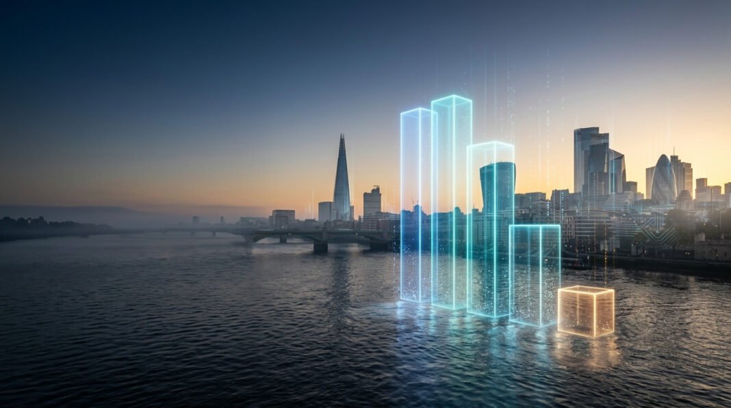 “Glowing bar chart over the London skyline representing UK GDP growth in August 2026”.