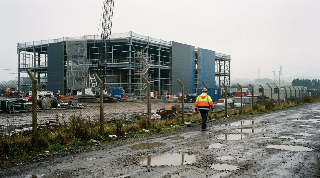 A half-built data centre in North East England with a hi-vis worker walking along a muddy track, illustrating the Tech Prosperity Deal's UK AI investment