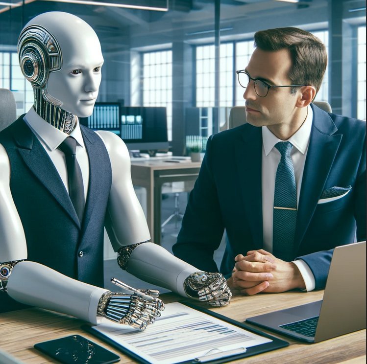 A manager reviewing a document with a humanoid robot assistant, representing human-in-the-loop checking of AI work