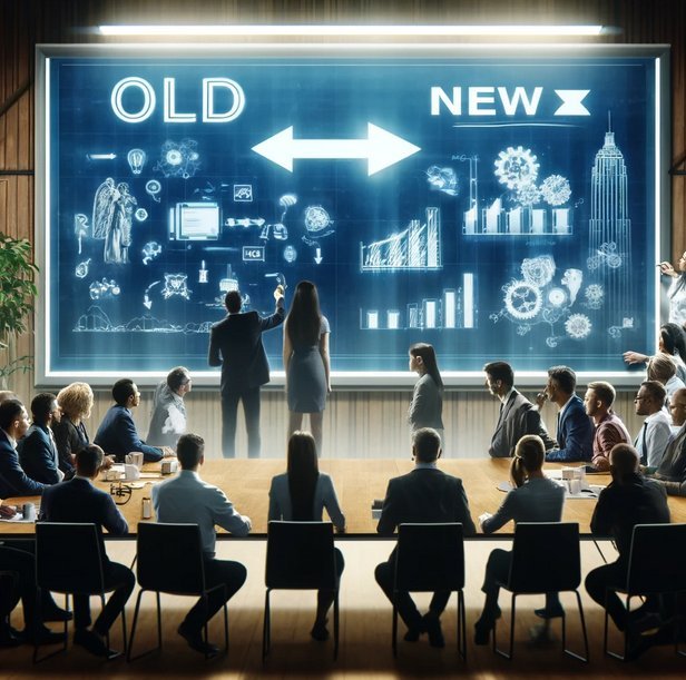 A boardroom meeting in front of a large screen contrasting old and new ways of working, representing a phased AI rollout