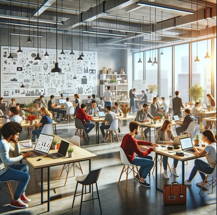 A bright modern office where a small team works on laptops, representing a small business adopting AI tools