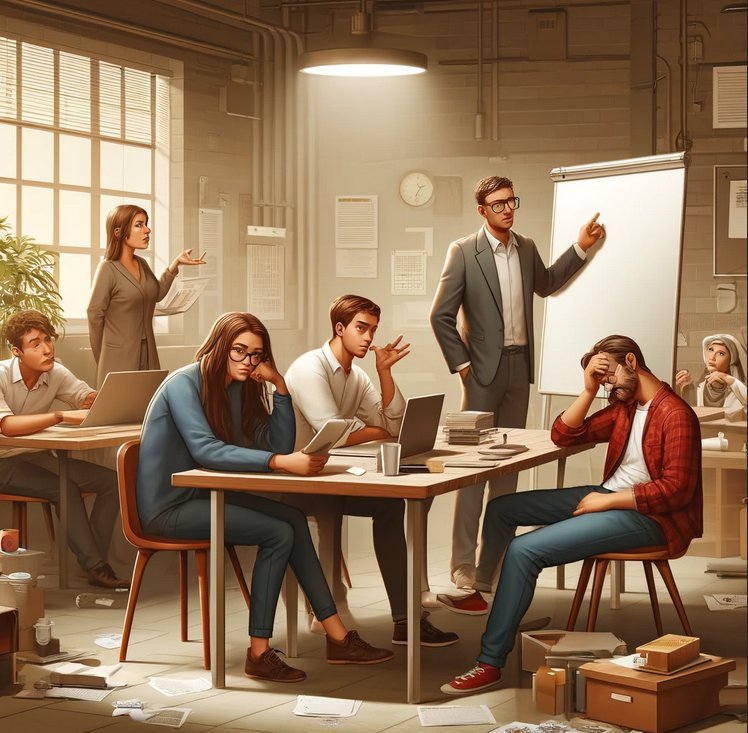 A stressed team in a cluttered office with paperwork everywhere, representing admin bottlenecks that AI could help with