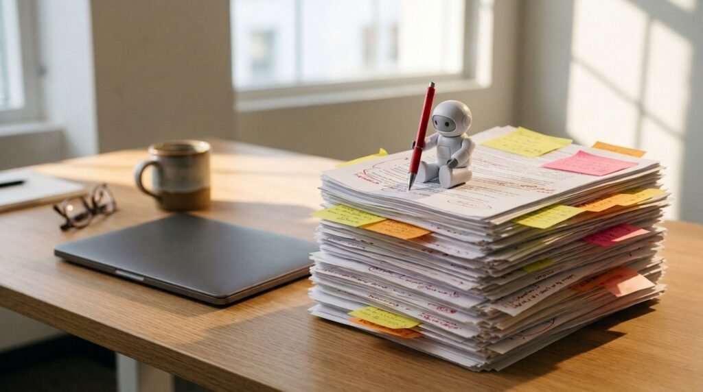 A small white robot figurine holding a red pen sits on a tall stack of printed documents covered in red corrections and sticky notes on an office desk
