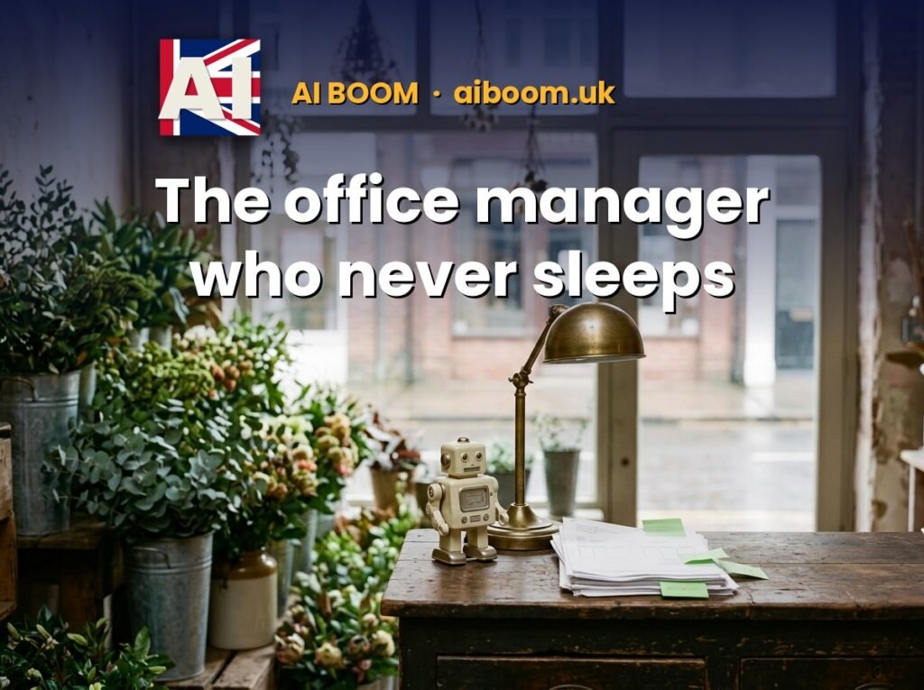 A small cream toy robot beside a stack of paperwork on a florist shop counter, with the AI Boom logo and the tagline: The office manager who never sleeps