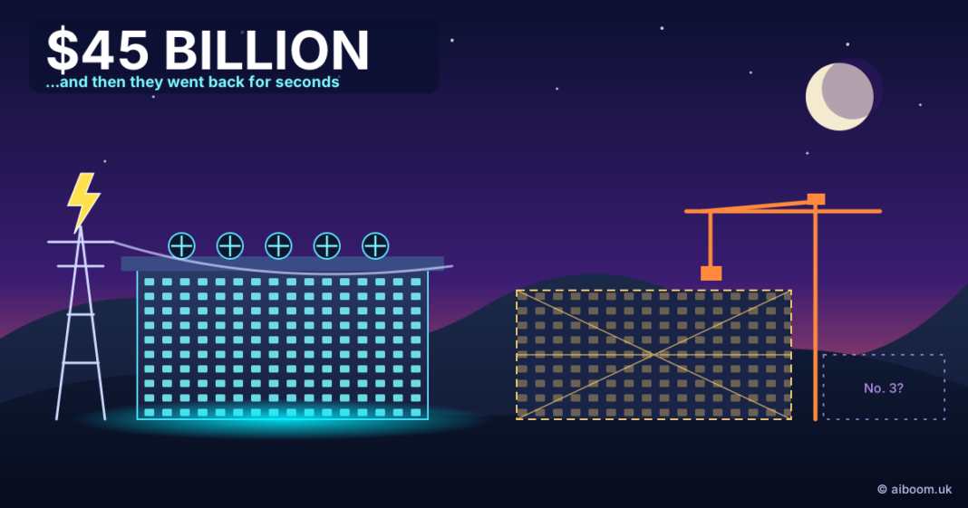 Illustration of a glowing finished data centre beside a half-built one with a crane under a night sky, with the text $45 BILLION