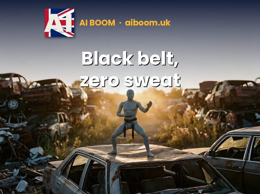A grey humanoid robot wearing a black karate belt stands in a martial arts stance on a rusty car in a scrapyard at golden hour, with the AI Boom logo and the tagline: Black belt, zero sweat