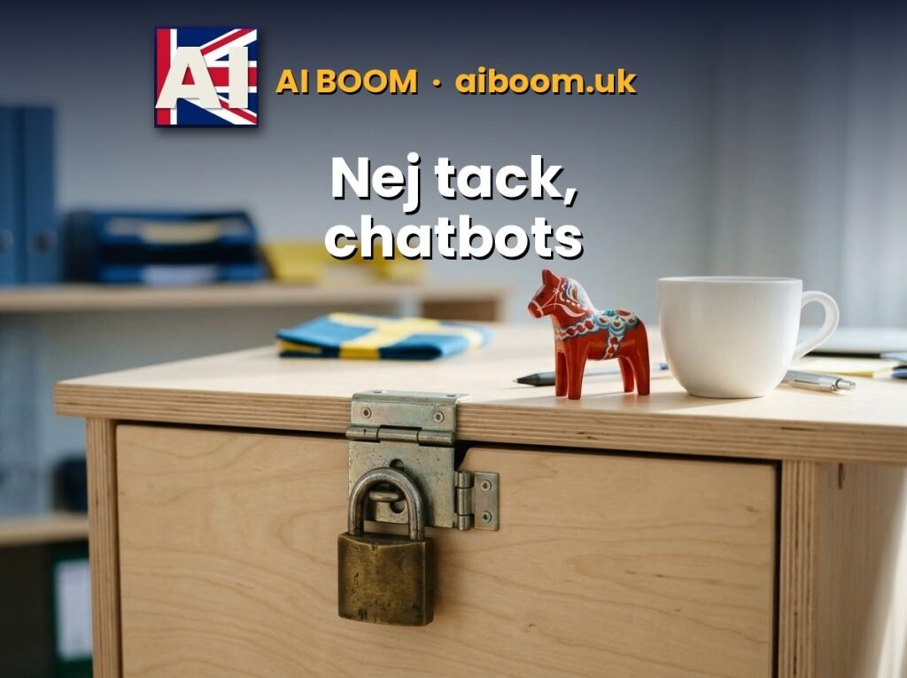 A brass padlock locking a pale-wood office drawer beside a red Swedish Dala horse and a coffee cup, with the AI Boom logo and the tagline: Nej tack, chatbots