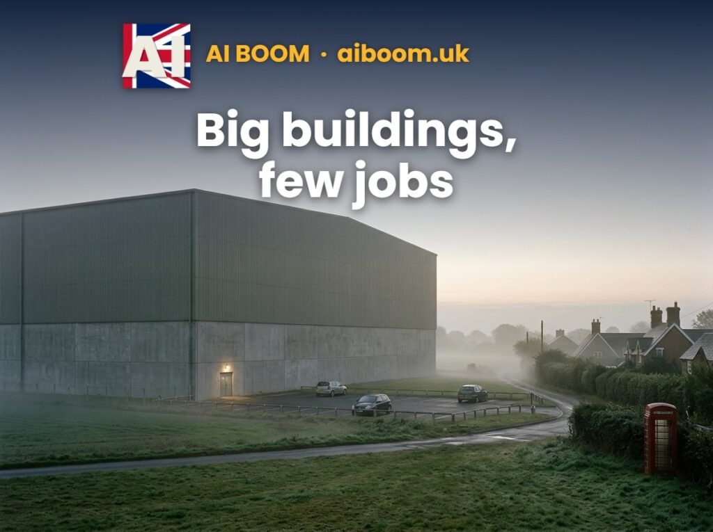 A huge grey data centre building beside a misty English village, with a nearly empty car park, a red phone box and the tagline "Big buildings, few jobs" from AI Boom