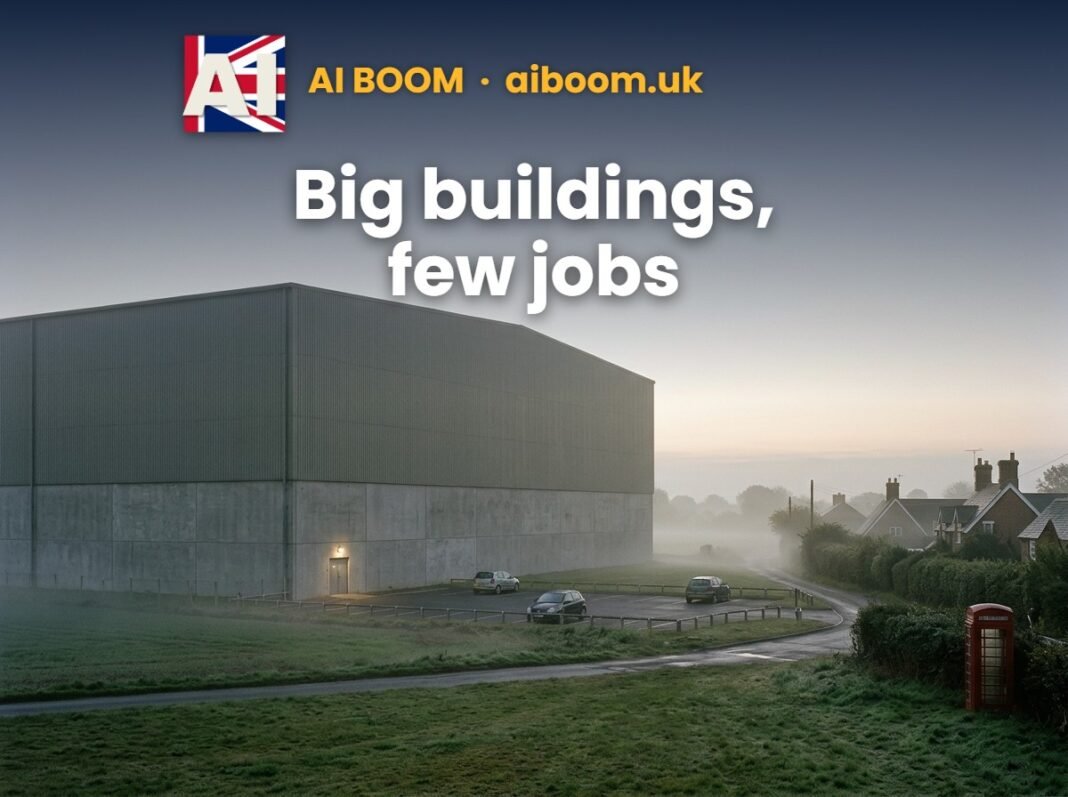 A huge grey data centre building beside a misty English village, with a nearly empty car park, a red phone box and the tagline 