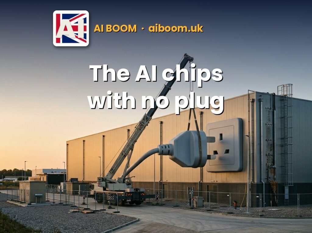 A crane lifts an oversized three-pin plug towards a giant wall socket on a data centre at golden hour, with the AI Boom logo and the tagline: The AI chips with no plug