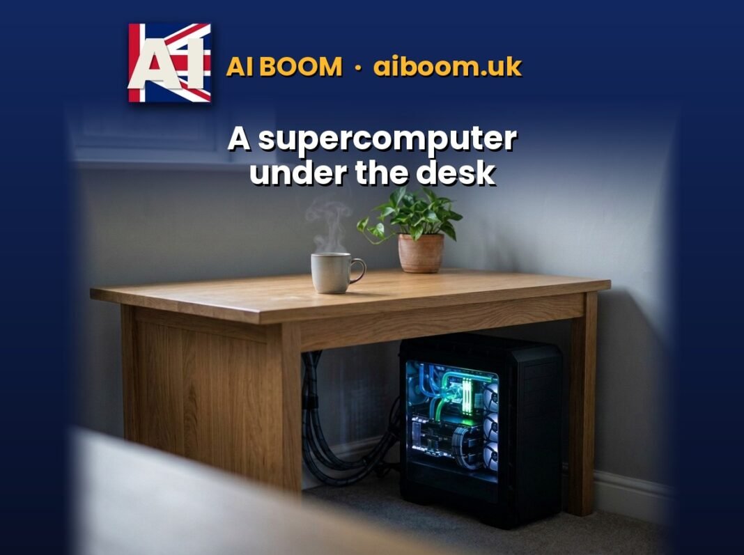 Desk Job: NVIDIA’s Trillion-Parameter AI PC Now Speaks Windows A black workstation tower tucked under an oak desk beside a steaming mug and a plant, with the AI Boom logo and the tagline: A supercomputer under the desk