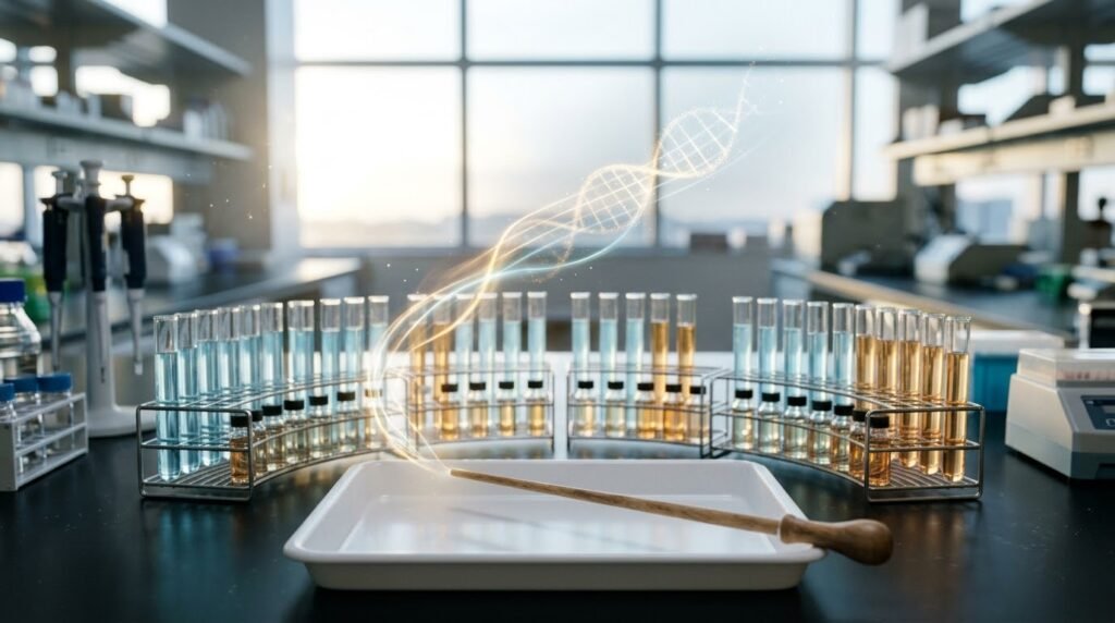 Glass test tubes with blue and amber liquids arranged in curved tiers like an orchestra on a laboratory bench, with a conductor's baton and a glowing DNA helix trail