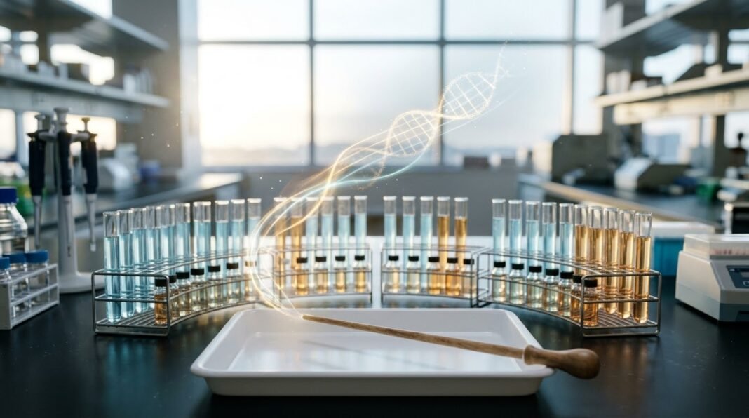 Glass test tubes with blue and amber liquids arranged in curved tiers like an orchestra on a laboratory bench, with a conductor's baton and a glowing DNA helix trail