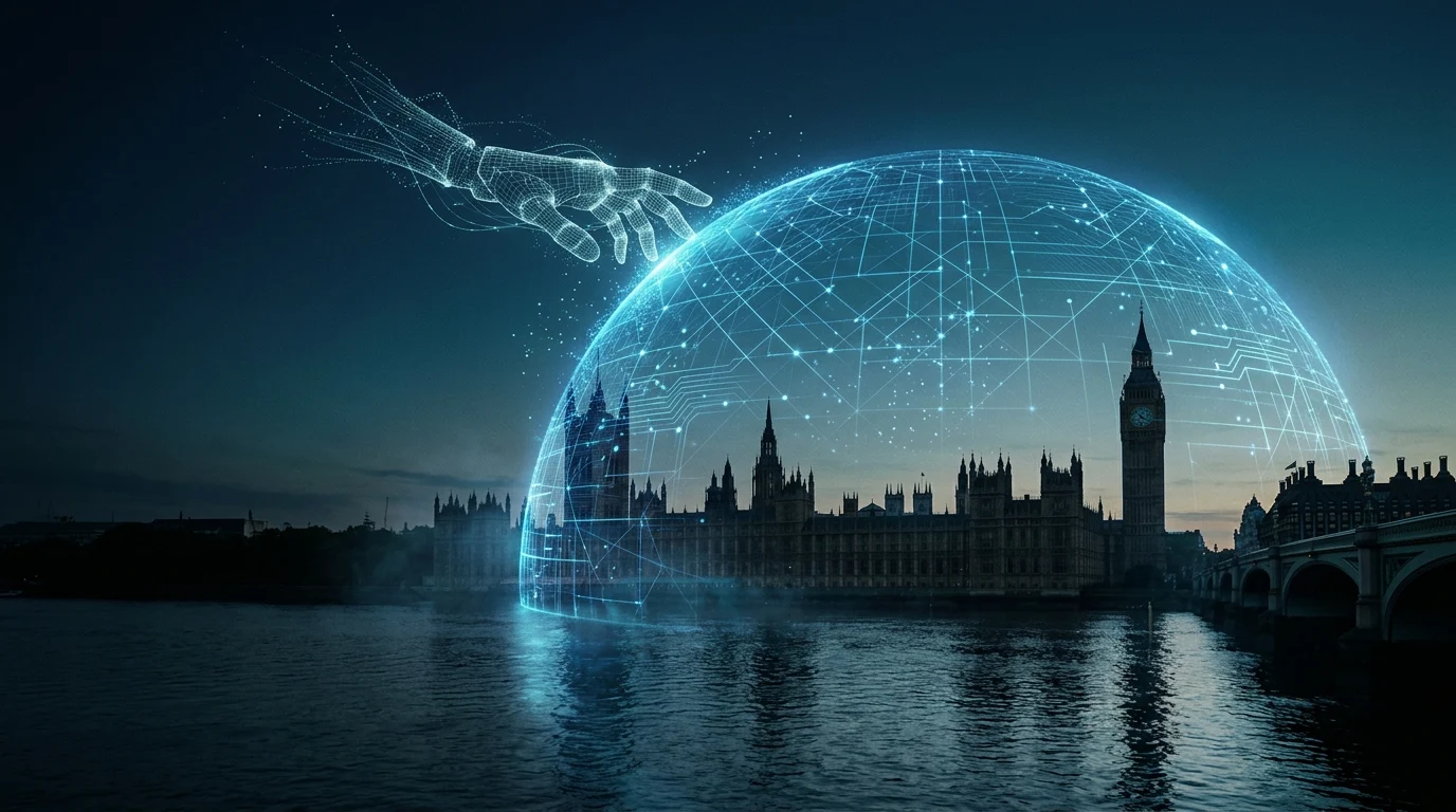 Glowing digital shield over the Houses of Parliament at dusk with a robotic hand of light reaching toward it, representing UK AI regulation and safety testing
