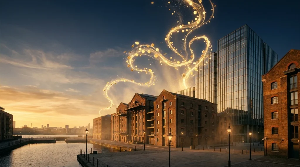 Victorian brick warehouses and a glass office building at golden hour with glowing gold coins rising into the sky, representing OpenAI's London pay and King's Cross headquarters