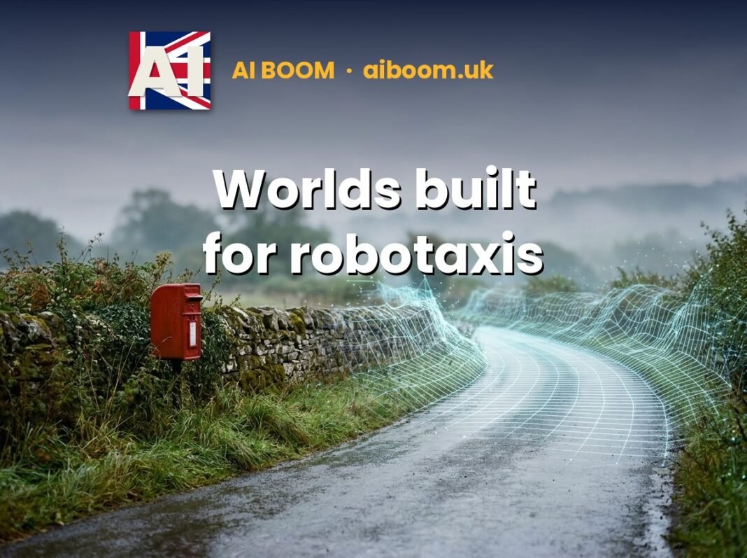A wet British country lane with a red post box and stone wall, the road ahead dissolving into a glowing blue 3D wireframe grid, with the AI Boom logo and the tagline: Worlds built for robotaxis